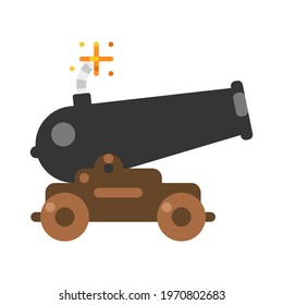 Old Ship Cannon With Burning Wick Vector Flat Illustration. Traditional Antique Armory Equipment Of Battle Artillery Isolated. Historical Military Vintage Weapon With Fire Flame War Projectile