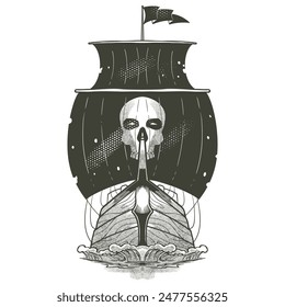 Dibujo antiguo de la vendimia del garabato dibujado a mano de la nave en estilo blanco negro. Ilustración vectorial de concepto de equipo de piratas.