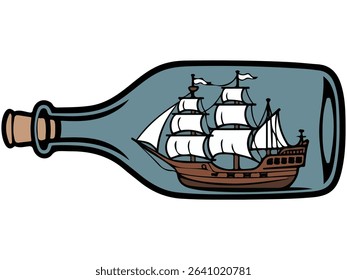Old ship inside glass bottle isolated vector illustration on white background