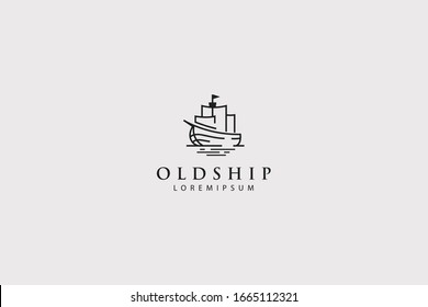 Old Ship Logo, Fishing Boat Icon Line Art Brand