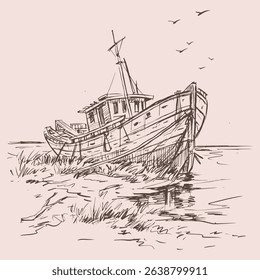 Old ship on the shore vector for illustration, card, decoration