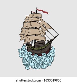 old ship on wave illustration