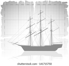 Old ship over ancient map with grid. Vector illustration.