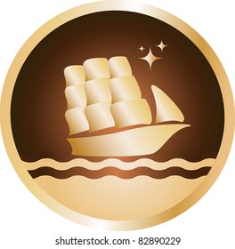 old ship in round and golden frame