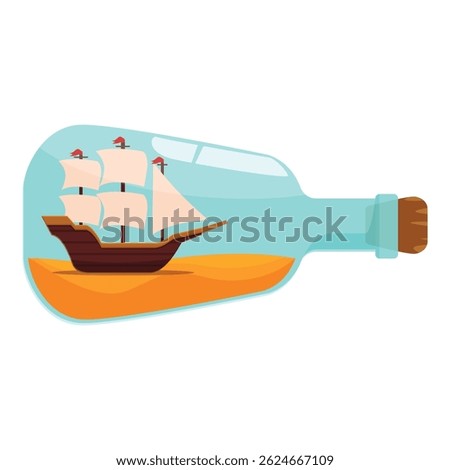 Old ship sailing inside a glass bottle over sand representing travel and adventure