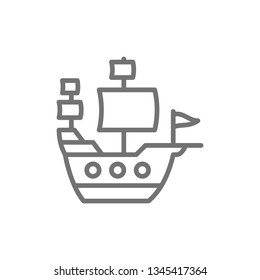 Old ship, sailing vessel, pirates transport line icon.