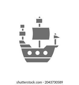 Old ship, sailing vessel, pirates transport grey icon.