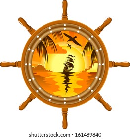 old ship with sails floating on the horizon