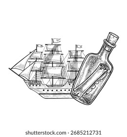 An old ship with sails and a scroll in a bottle. Black and white graphics, hand-drawn vector illustrations. For children s games and celebrations. For stickers, posters and banners, and more.