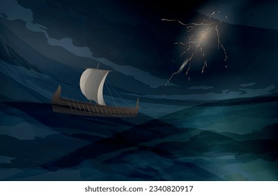 Old ship in the storm. Thunder and storm at the sea. Jonah and the large fish. Jonah 1-3. The prophet Jonah  book. Vector illustration. Bible stories. Old testament. 