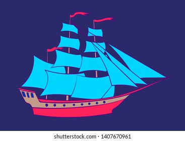 Old ship. Vector cartoon vintage sailboat illustration isolated on blue background. Toy for boy.