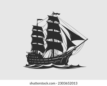 Old Ship Vector illustration. Pirates. Sailing vessel. Historical vessel. Antique ship. Sea-faring. Seaborne transportation. Vector illustration. Seafaring