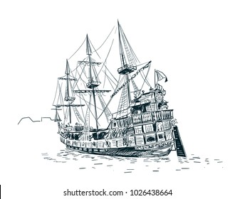 old ship vector sketch illustration Gdansk