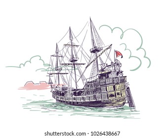 old ship vector sketch illustration Gdansk