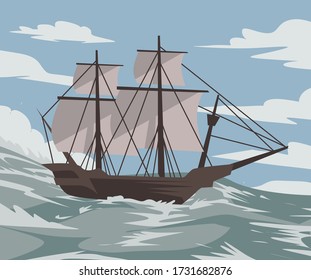 old ship vessel caravel sailing on sea