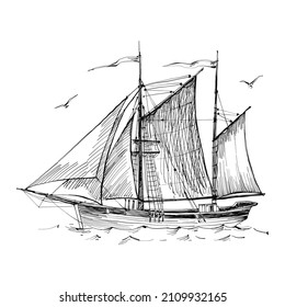 Old ship, vintage sailboat. Hand drawn sketch vector