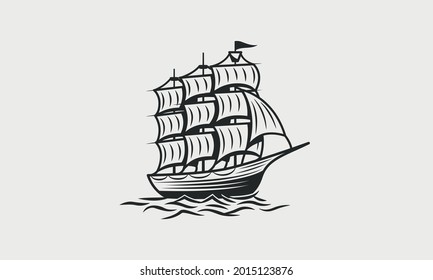 Old Ship vintage silhouette. Pirate boat, Sail Ship illustration in trendy vintage hipster style. Nautical, Marine logo template. Vector illustration