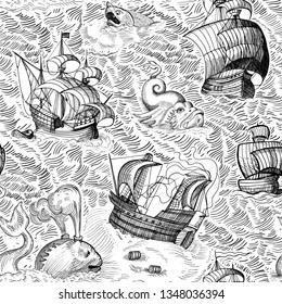 Old ships and monsters in ocean. Vintage map drawing. Seamless background