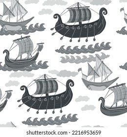 Old ships viking ship boats sails sore waves masts oars history ancient times style cartoon hand drawn cute children's illustration sketch set separately on white background