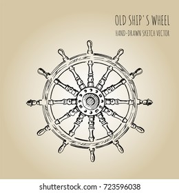 Old ship's wheel steering. Hand drawn vector sketch.