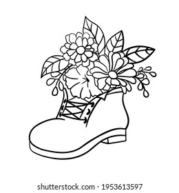 An old shoe with flowers. Vector illustration in outline style. Floral boot.