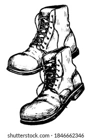 Zapatos viejos. Aventura, accesorio de viaje. Ilustración de contorno vector dibujado a mano. Dibujo retro gráfico realista aislado en blanco. Elementos de doodle negro para la impresión de diseño, afiche, decoración, tipografía, etc.