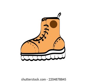 Old shoes. hiking boots .Adventure, travel accessory. Hand drawn vector contour illustration. Realistic retro graphic