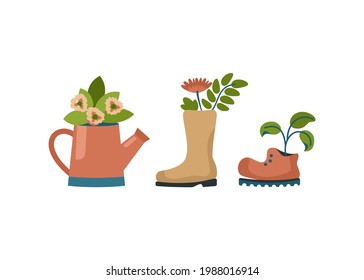 Old shoes like flower pot. Worn out rubber boot and torn shoe with houseplants. Vintage sprinkler with beautiful growing geraniums. Minimalistic boho interior. Vector cartoon illustration