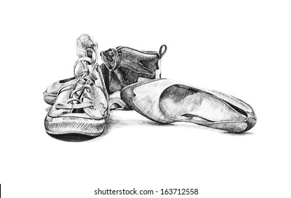 Old shoes in a vector vintage fashion illustration done in pen and ink and in black and white. This still life drawing of footwear includes worn high top sneakers and ladies saddle pumps.  