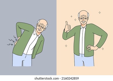 Old sick man bent over suffer from backache compared to healthy active one after medical treatment. Male pensioner recovers from back pain or spasm. Elderly healthcare. Vector illustration. 