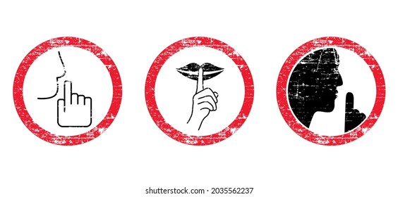 Old sign. Vintage rusty metal sign. Mute. please be quiet silent or silence with hand, finger over lips for no talking. Signboard for not sound doodle. Voice silhouette hush. Vector icon or symbol.