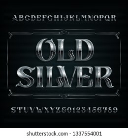 Old Silver Alphabet Font. Vintage Metal Letters And Numbers. Stock Vector Typescript For Your Design.