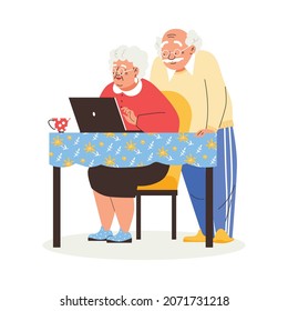 Old Silver-haired Lady Sit At The Table Using Laptop, With Her Elder Husband Behind Her. Elder Couple Use Computer Technology Vector Illustration.