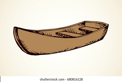 Old simple empty rough ski skiff on white backdrop. Freehand linear black ink hand drawn picture logo sketchy in art vintage scribble cartoon style pen on paper. Side view with space for text on sky