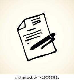 Old simple finance deal treaty folio isolated on light background. Web outline logo plan concept. Freehand linear black ink hand drawn pictogram sketchy in art retro doodle contour style. View closeup