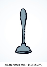 Old single manual wc drainage force cup on white bath backdrop. Freehand outline black ink hand drawn job object logo emblem sketchy in retro art scribble cartoon style pen on paper and space for text