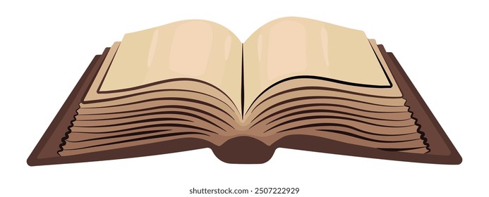 Old single open book blank pages, template with empty paper, dark academy literature, big vintage opened book, vector color illustration isolated on white