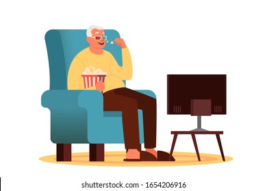 Old sitting in an armchair and watching TV with 3d glasses and popcorn. Old people lifestyle concept. Senior man relaxing at home. Vector illustration in cartoon style