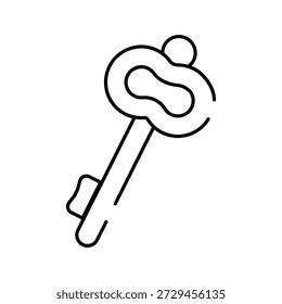 Antigua llave esqueleto presentada como un icono de arte lineal minimalista, desbloqueando conceptos de seguridad, acceso, solución, éxito y descubrimiento sobre un fondo blanco