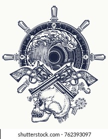 Old skull pirate steering wheel crossed revolvers tattoo and t-shirt design. Symbol sea adventures 
