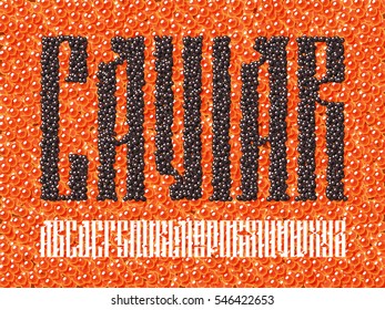 Fuente eslava antigua. Grabado de caviar negro con fondo de caviar rojo. Tipo personalizado de letra vintage.  Tipografía vectorial para etiquetas, titulares, afiches, etc.