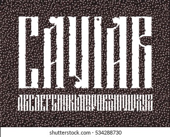 Old slavic font on black caviar background. Custom type vintage lettering typeface.  Stock vector typography for labels, headlines, posters etc.