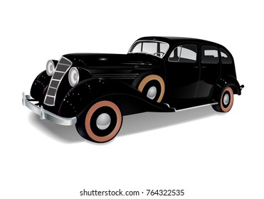 Old sleigh car, Auto black, exhibition sample. Means of transport of the beginning of the last century. Isolated on white background. A realistic model. Vector illustration.