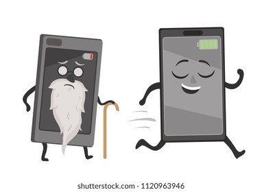 old and slow smartphone with dead battery and fully charged young and fast smartphone