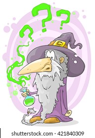 Old and small cartoon wizard with flask