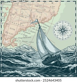 An old small sailing ship on the sea waves against the background of an old map