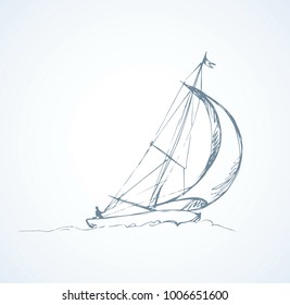Old small ski keel isolated on white sky background. Jib shallop picture.  Freehand line black ink hand drawn logo sketchy in art retro doodle cartoon style pen on paper. Side view with space for text