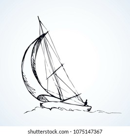 Old small ski keel isolated on white sky background. Jib shallop picture.  Freehand line black ink hand drawn logo sketchy in art retro doodle cartoon style pen on paper. Side view with space for text