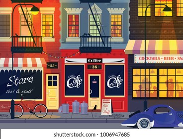 Old small street of New York. People have fun in bar. Vector illustration