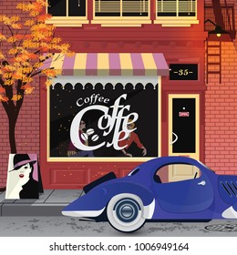 Old small street of New York. Two girls sit in cafe. Vector illustration